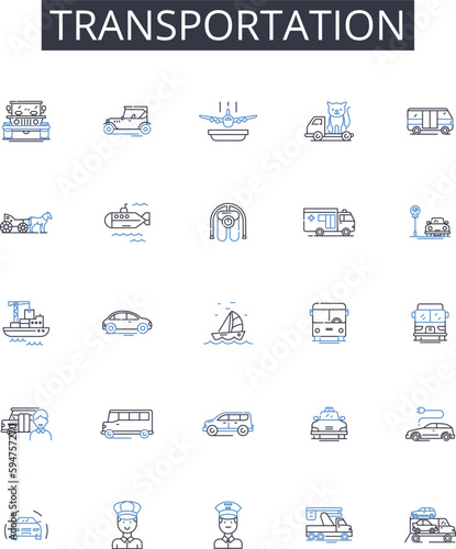 Transportation line icons collection. Commute, Transit, Travel, Conveyance, Carriage, Convoy, Haulage vector and linear illustration. Shipment,Freight,Transit system outline signs set