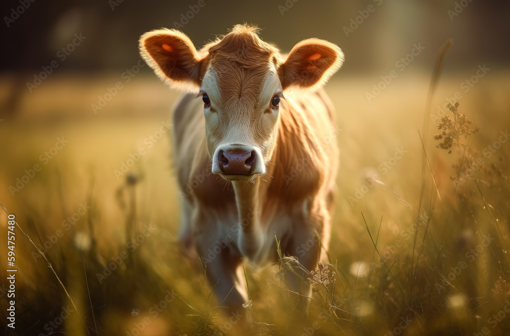 A cow on the grass staring, mountains in the background. Generative Ai.