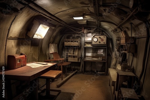 underground nuclear fallout shelter to protect from effects of nuclear fallout, in anticipation of a post-apocalyptic war. It has air filtration systems, supplies, radiation protection. AI-generated photo