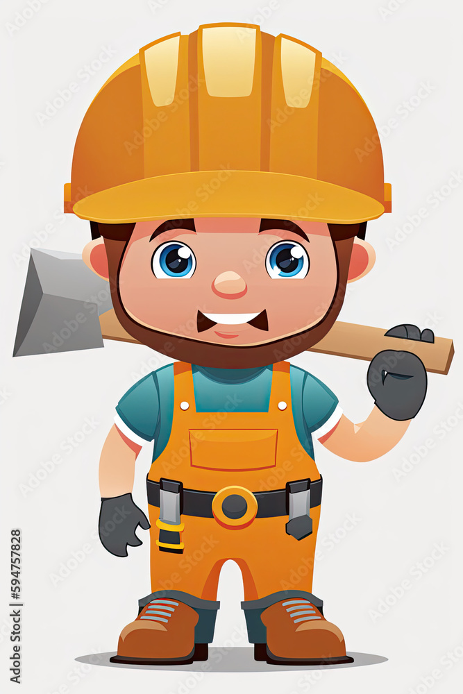 Fototapeta premium boy dressed as a construction worker cartoon bright colors, illustration, vector style, ai generative
