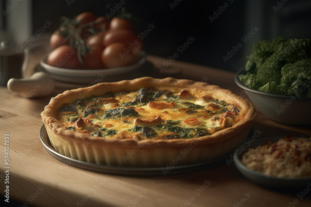 Quiche (pie) with ham, tomatoes, spinach and soft cheese on a rustic background. Generative AI Quiche (pie) with ham, tomatoes, spinach and soft cheese on a rustic background. Generative AI