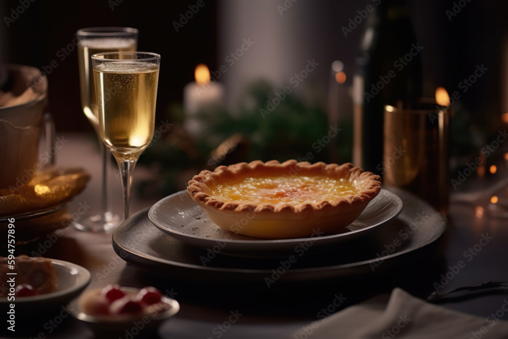 Festive Quiche (pie) with ham, tomatoes, spinach and soft cheese on a wooden background with a glass of wine. Generative AI