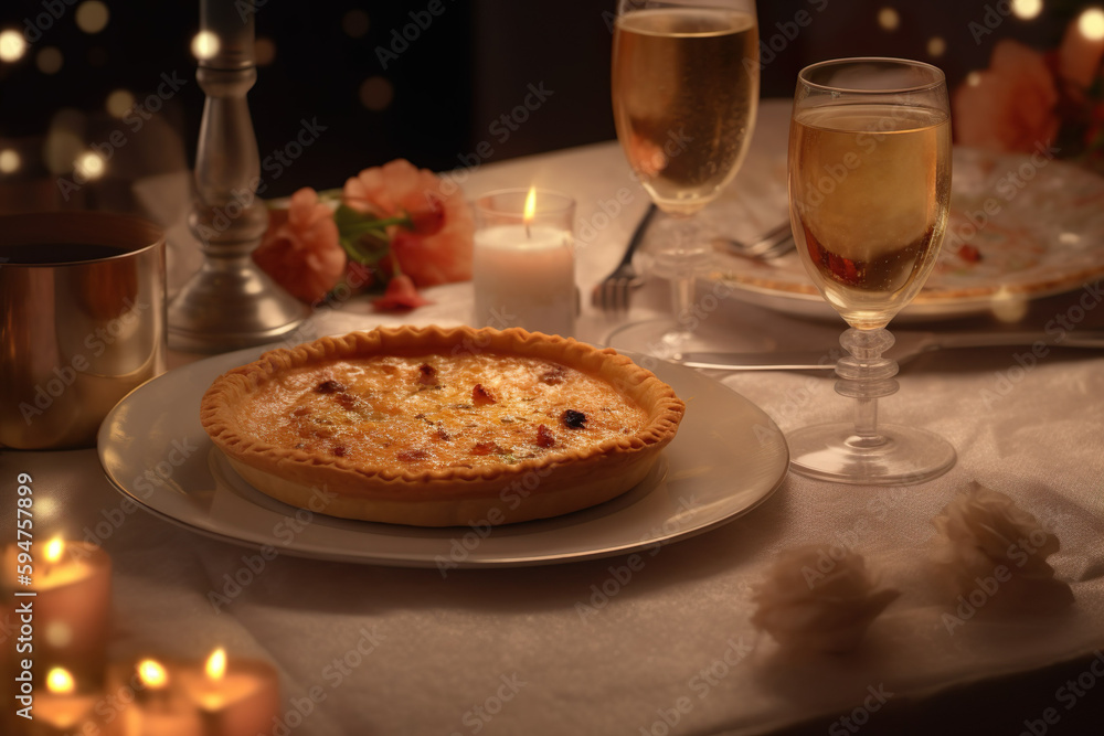Festive Quiche (pie) with ham, tomatoes, spinach and soft cheese on a wooden background with a glass of wine. Generative AI