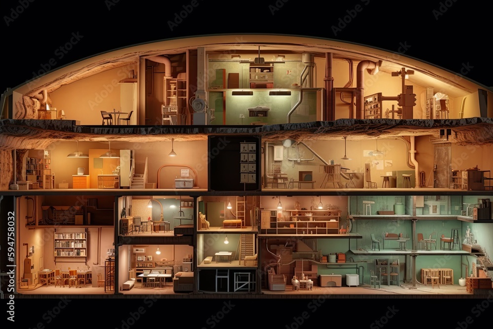 The fallout shelter is a multilevel structure that includes walls