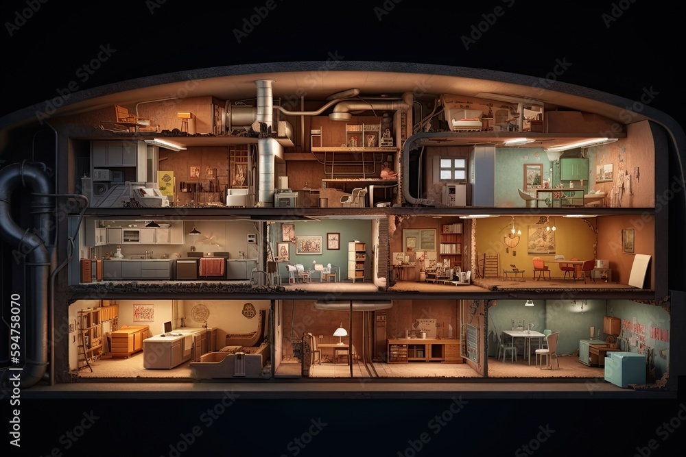 fallout shelter is a multi-level structure designed to protect against nuclear fallout with air systems, storage spaces, individual living rooms and shared spaces, and emergency exits. AI-generated