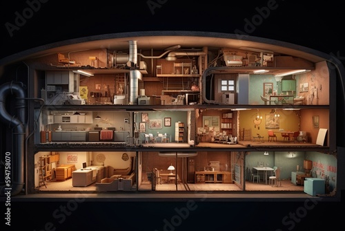 fallout shelter is a multi-level structure designed to protect against nuclear fallout with air systems, storage spaces, individual living rooms and shared spaces, and emergency exits. AI-generated © bennymarty