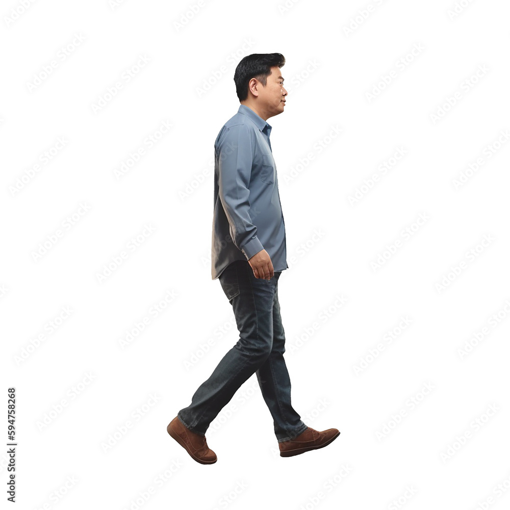 Asian man walking in comfort outfit. Full body isolated on