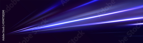 Abstract technology futuristic neon circle glowing blue and white light lines with speed motion blur effect on dark blue background. Light line moving with speed. 