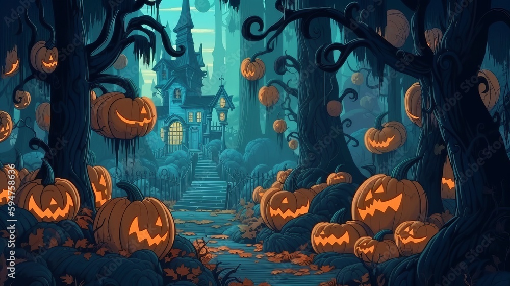 Halloween, pumpkins in a dark haunted forest. Generative AI
