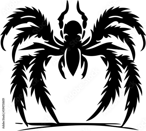 Tarantula spider logo in black and white color, vector illustration of arthropod, poisonous animal