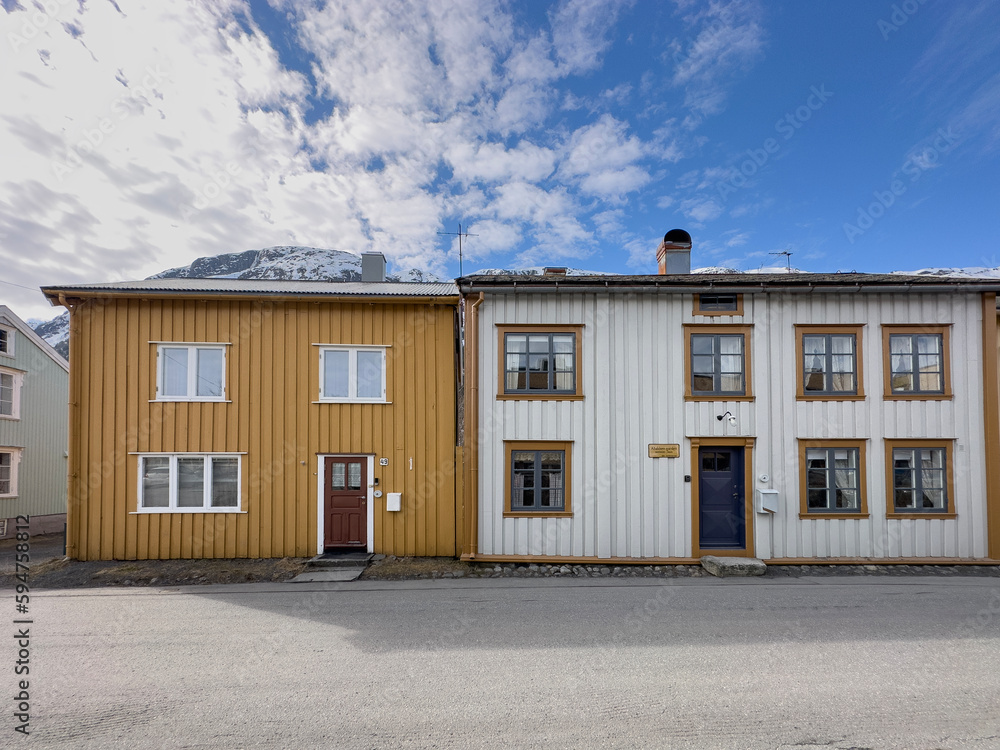 Spring in Mosjoen town - Walking through the streets with old wooden houses, Helgeland, Nordland county, Norway