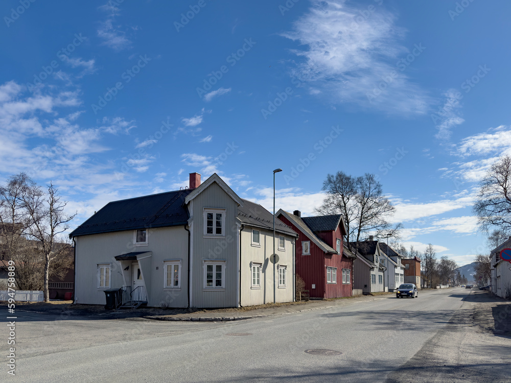 Spring in Mosjoen town - Walking through the streets with old wooden houses, Helgeland, Nordland county, Norway Spring in Mosjoen town - Walking through the streets with old wooden houses, Helgeland, Nordland county, Norway