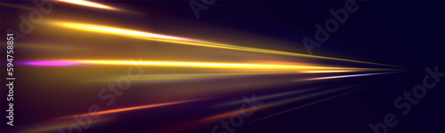 Transparent light effect with crooked trail and golden sparkles. Light trace effect. Vector image of colorful glitter trails with motion blur effect, long exposure. Neon motion glowing wavy line.