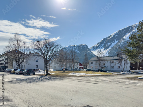 Spring in Mosjoen town - Walking through the streets with old wooden houses, Helgeland, Nordland county, Norway photo