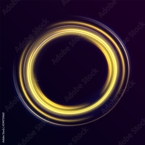 Space tunnel. Line light effect golden vector circle. Abstract glitter lines of movement and speed. Trace of a fiery ring. Glitter magic glitter swirl trail effect. 