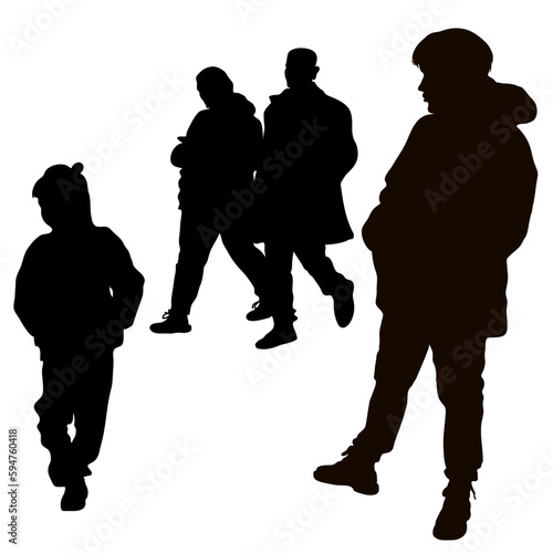 Vector silhouettes of a group of people. The man and woman are walking fast. The little boy is standing. Woman standing, side view