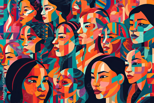 A striking digital art piece depicting a crowd of women with colorful faces, representing diversity and the beauty of inclusivity.. Generative Ai photo