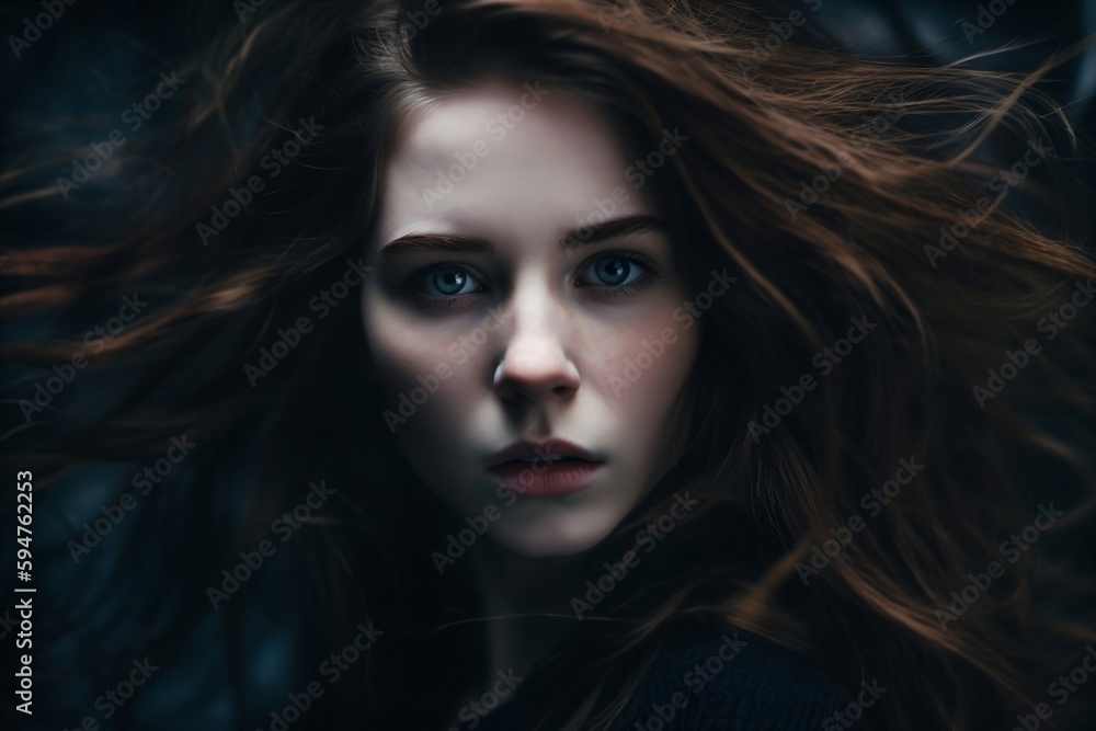 a young woman with long brown hair, she looks scared created with Generative AI technology a young woman with long brown hair, she looks scared created with Generative AI technology