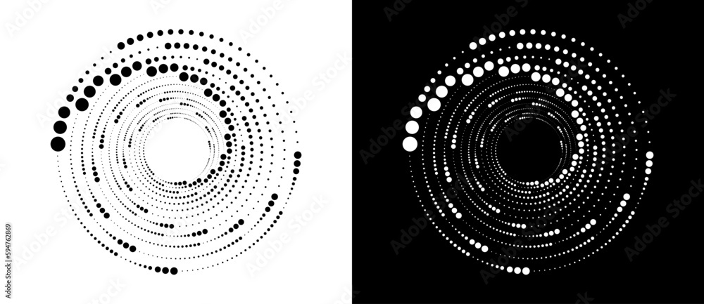 Circle abstract background with dynamic halftone dots in spiral. Black ...