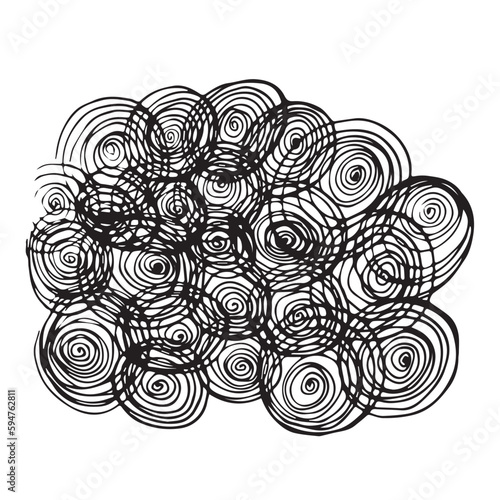 Hand drawn black spiral circles, isolate on white, flat style, background, vector