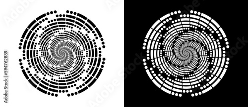 SOS Morse code in circles. Circle abstract background  with dynamic lines and dots in spiral. Black shape on a white background and the same white shape on the black side.