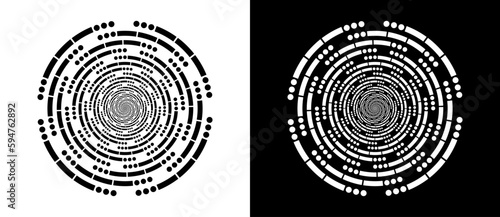 SOS Morse code in circles. Circle abstract background  with dynamic lines and dots in spiral. Black shape on a white background and the same white shape on the black side. photo