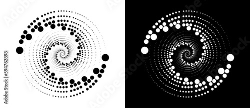 Circle abstract background with dynamic halftone dots in spiral. Black shape on a white background and the same white shape on the black side.