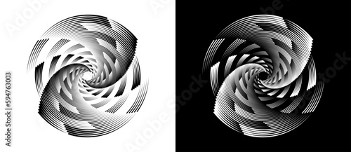 Circle abstract background  with dynamic speed lines in spiral. Black shape on a white background and the same white shape on the black side.