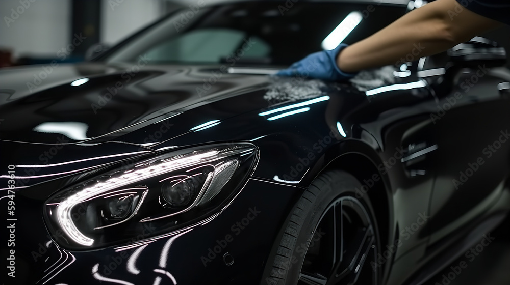 Close-up of a professional detailer applying wax or sealant to a car's paintwork, using a foam applicator pad. Showcasing the process of protecting and enhancing the vehicle's finish with a glossy coa