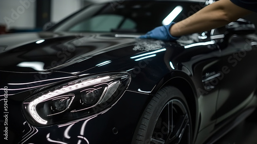 Close-up of a professional detailer applying wax or sealant to a car's paintwork, using a foam applicator pad. Showcasing the process of protecting and enhancing the vehicle's finish with a glossy coa © Volodymyr Skurtul