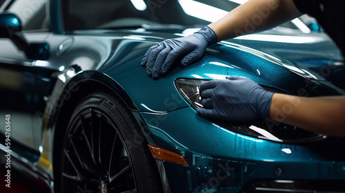Close-up of a professional detailer applying wax or sealant to a car's paintwork, using a foam applicator pad. Showcasing the process of protecting and enhancing the vehicle's finish with a glossy coa
