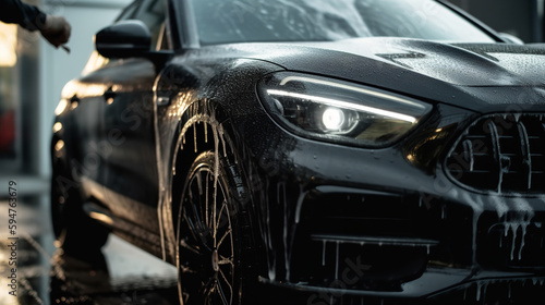 Detailer using a foam cannon or foam gun to apply a thick layer of foamy soap to a car's exterior, preparing for a thorough foam wash. Highlighting the pre-washing step in auto detailing for effective