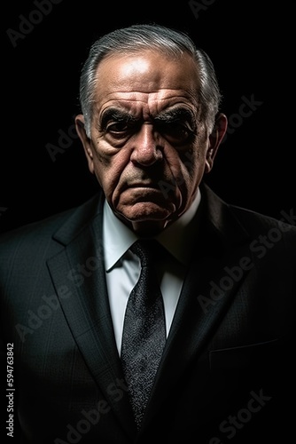 Serious senior man wearing a suit looking at the camera on black background. Generative AI