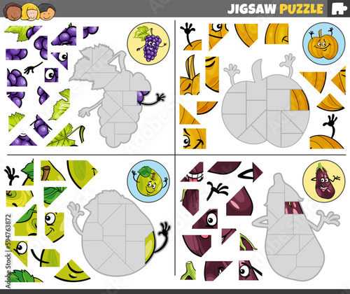 jigsaw puzzle games set with funny cartoon fruit characters