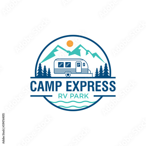 Rv Park caravan Camp with evergreen fir pine tree and mountain lake, landscape nature illustration logo design inspiration