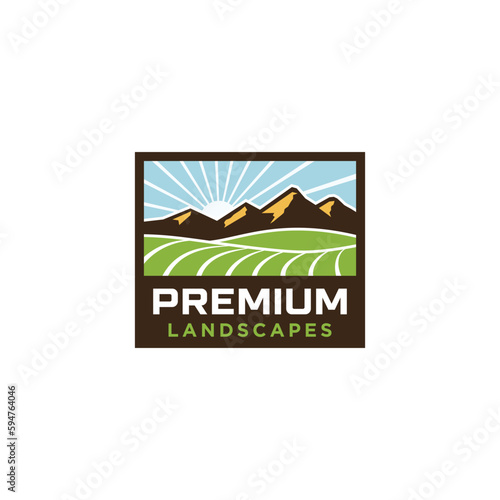 premium landscape organic agriculture with mountain view sun shining badge logo design vector