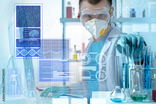 Photos laboratory assistant working with Futuristic Holographic Interface, showing medical Data in augmented reality from artificial intelligence AI
