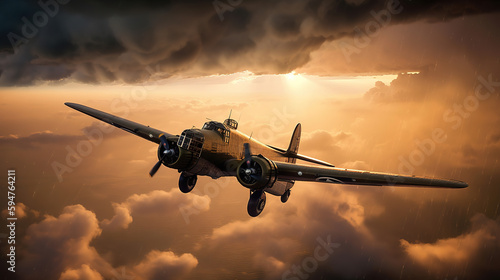 WWII twin-engine airplane flying in the rainy weather, ai art