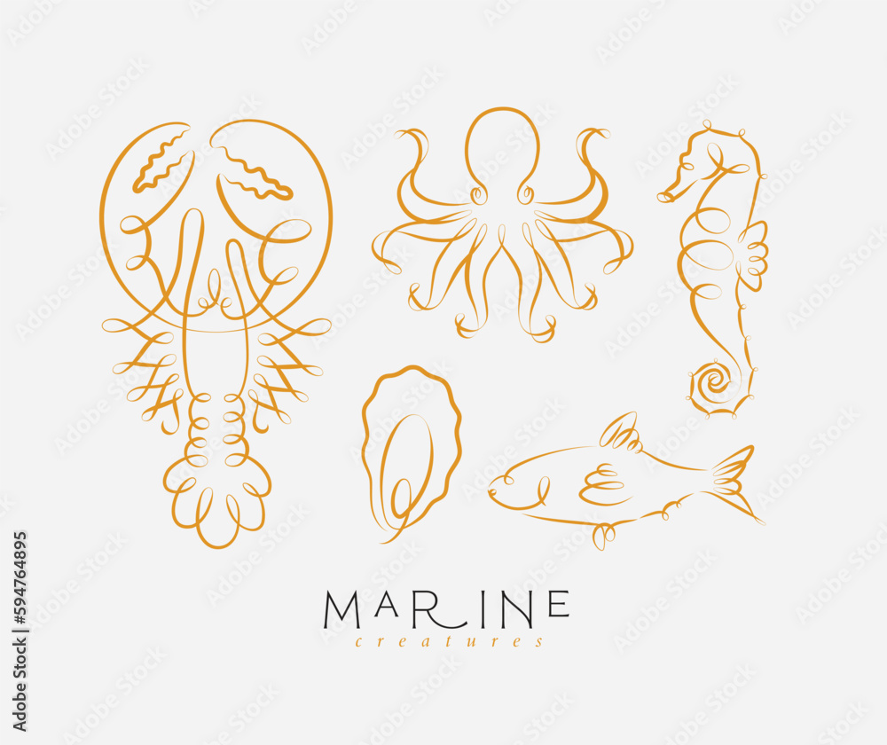 Filigree swirl sea and ocean creatures lobster, octopus, seahorse, oyster, fish drawing on light background