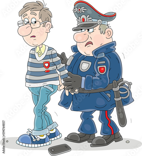 Annoyed and suspicious cop arresting a perplexed guy while patrolling on a street of a town, vector cartoon illustration isolated on a white background