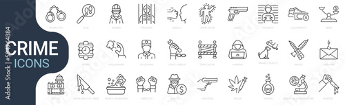 Set of line icons related to crime, criminal, illegal. Outline icon collection. Editable stroke. Vector illustration photo