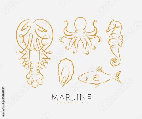 Obraz na płótnie Filigree swirl sea and ocean creatures lobster, octopus, seahorse, oyster, fish drawing on light background w salonie