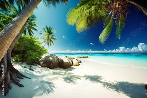 beautiful white sandy beach in the south sea with big palm trees created with Generative AI technology