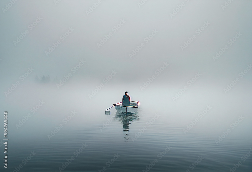 A small boat with a person paddling on the water is in the middle of a dense white fog, and the water can be seen  with Generative AI technology