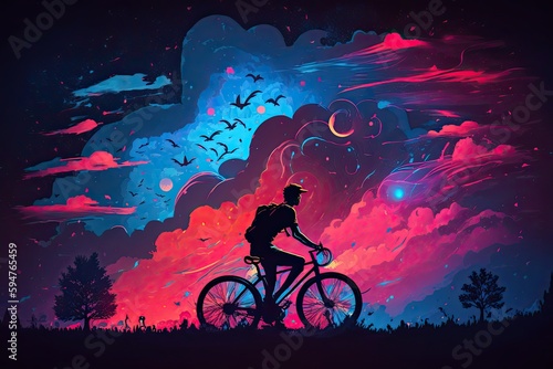 person riding a bicycle of landscape with the moon Created with generative AI technology 