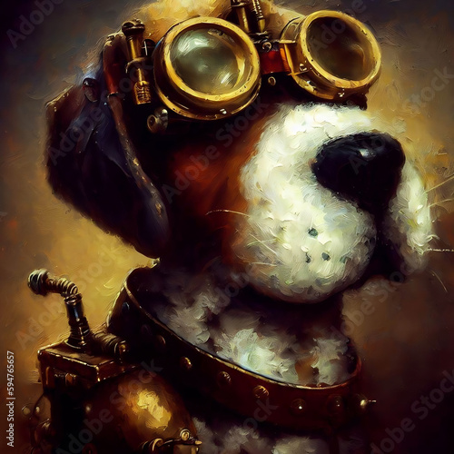 Welpe Hund mit Fliegerbrille als Pilot im Faschine. Generative AI.