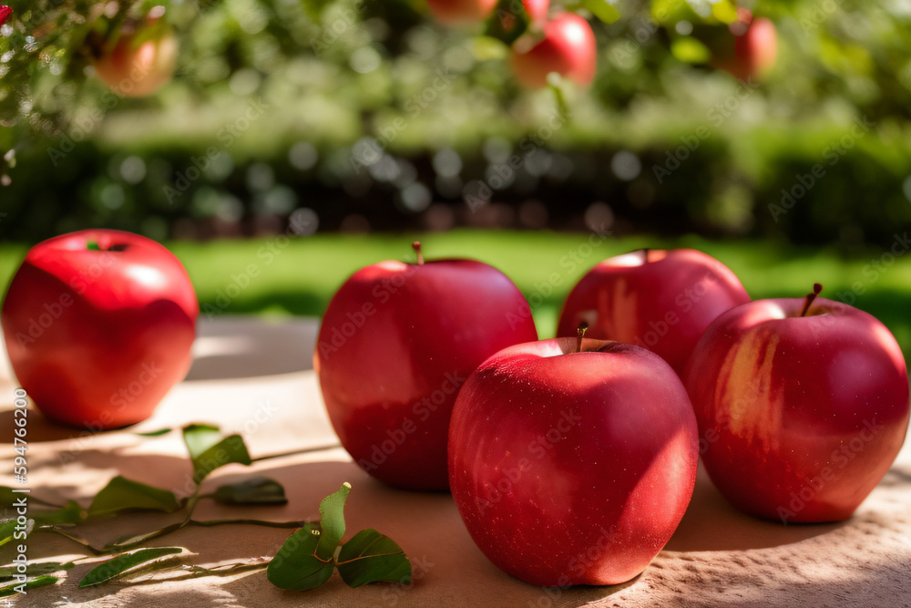 Ripe red apples in an orchard. Fruit harvesting. Generative AI Ripe red apples in an orchard. Fruit harvesting. Generative AI