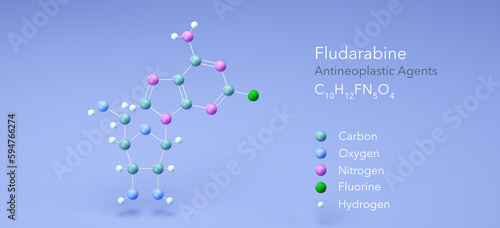 fludarabine molecule, molecular structures, antineoplastic agents, 3d model, Structural Chemical Formula and Atoms with Color Coding photo