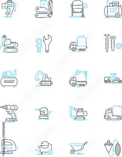 Fabrication linear icons set. Welding, Machining, Cutting, Forming, Assembly, Fabricating, Milling line vector and concept signs. Grinding,Punching,Stamping outline illustrations