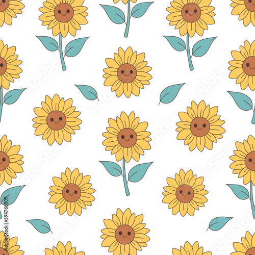 Cute sunflowers seamless pattern. Trendy retro cartoon Sunflower character. Vector illustration in flat style